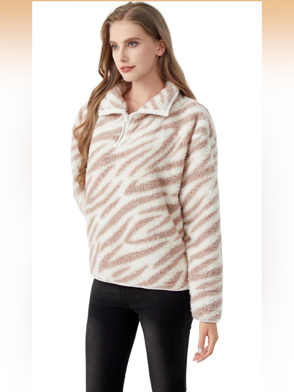 Women’s White & Tan Zebra Teddy Jacket Half-Zip Pullover - Picture 2 of 7